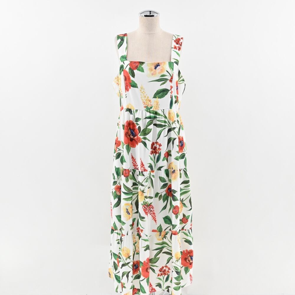 JJS‎ HOUSE Floral Maxi Dress Size XL White Tiered Ruffle Square Neck Cottagecore